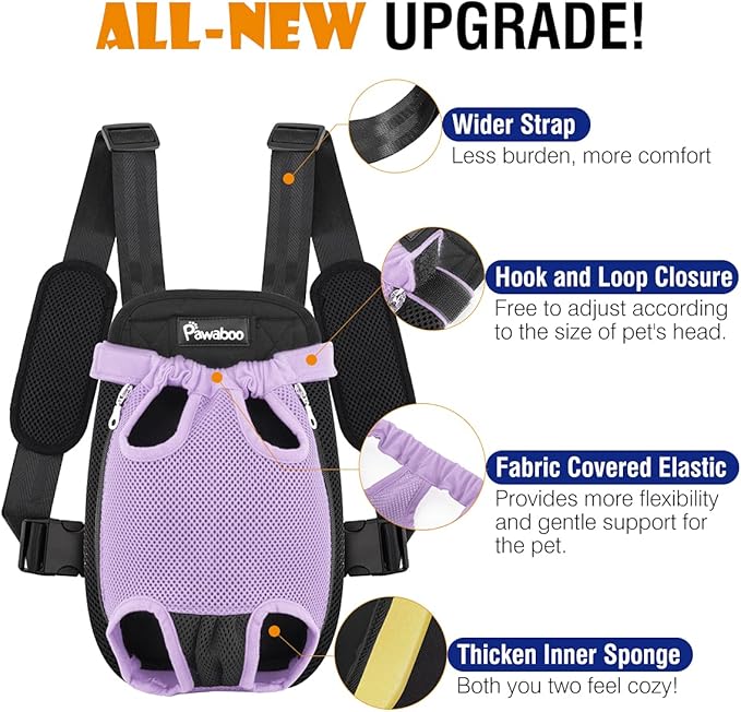 Pawaboo Pet Carrier Backpack, Adjustable Pet Front Cat Dog Carrier Backpack Travel Bag, Legs Out, Easy-Fit for Traveling Hiking Camping for Small Medium Dogs Cats Puppies, Small, Purple