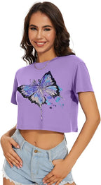 Womens Summer Crop Tops Short Sleeve Round Neck T-Shirts Loose Fit Casual Blouse