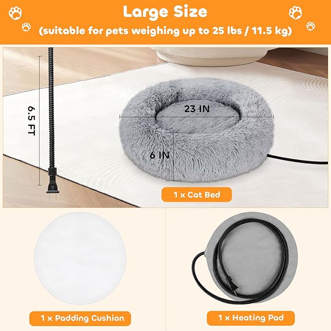 Heated Cat Bed for Indoor Cats - Fluffy 23 Inch Donut Pet Bed with Removable Heating Pad for Cats & Small Dogs, Ideal for Year Round Comfort