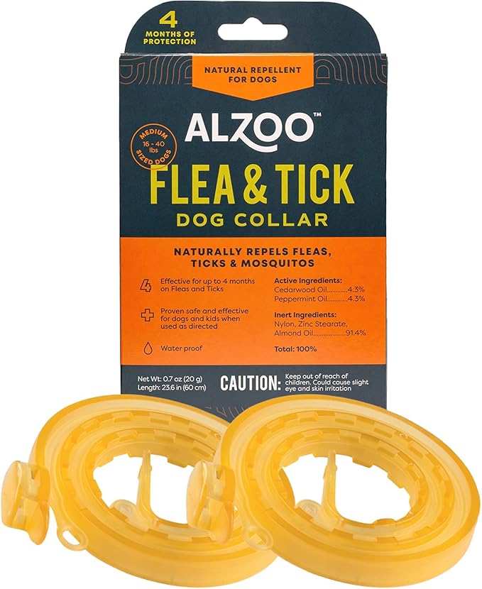 ALZOO Natural Flea & Tick Dog Collar - Helps Repel Fleas, Ticks & Mosquitoes - 100% Plant-Based Active Ingredients - Waterproof - Up to 4 Months Protection - Medium-Sized Dogs: 16-40 lbs - Pack of 2