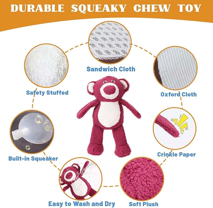 3-Layered Stuffed Dog Toys for Medium Large Dogs, Large Plush Squeaky Dog Toys to Keep Them Busy for Small Medium Large Breed, Cute Animals Puppy Teething Chew Toys - Pink Bear L