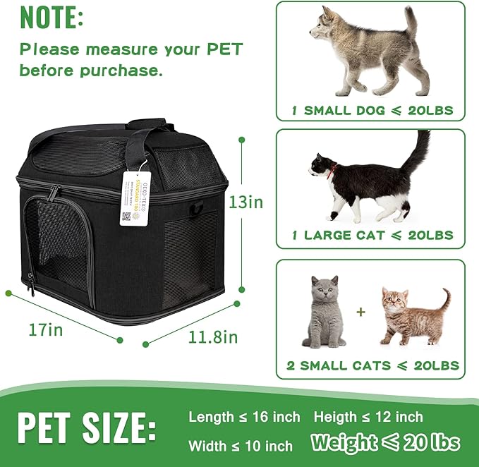 Large Cat Carrier for 2 Cats, Soft Side Carrier for Kitten Puppy, Collapsible Travel Dog Carrier TSA Airline Approved Cat Carrier Backpack for 20 lbs Pets,Black
