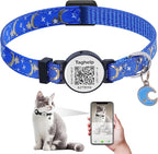 Upgraded Version - Cat Collar Stars and Moon, Reflective with GPS, Solid & Safe, Nylon, Pet Collar, Breakaway Cat Collar, Free Replacement,Modifiable Pet Online Profile and Emergency Contacts(Blue)