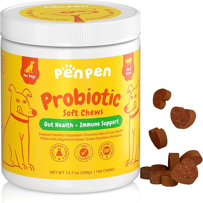 PENPEN Probiotics for Dogs, Dogs Probiotics for Digestive Health, Multi-Probiotic and Enzyme Blend Promote Gut Health & Immune Support, Eases Sensitive Stomachs (Beef Chews, 180ct)