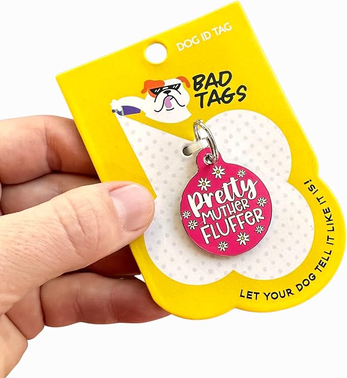Personalized QR Code Dog Tags - Choose from 25+ Tag Designs - QR Code Links to Your Profile - Unique, Cute, Funny, Sassy Pet ID Tag (Pretty Muther Fluffer, Large (1.25 inch))