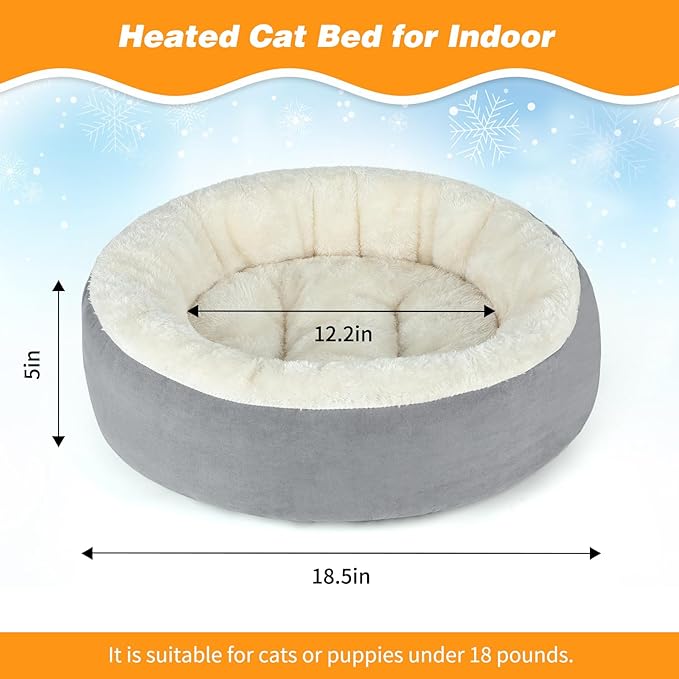 BWOGUE Heated Cat Bed for Indoor Cats,19'' Donut Detachable Heated Pet Bed Thermo-Kitty Heating Bed,Electric Warming Cat Bed Heater with Timer, Washable pet Heating Bed