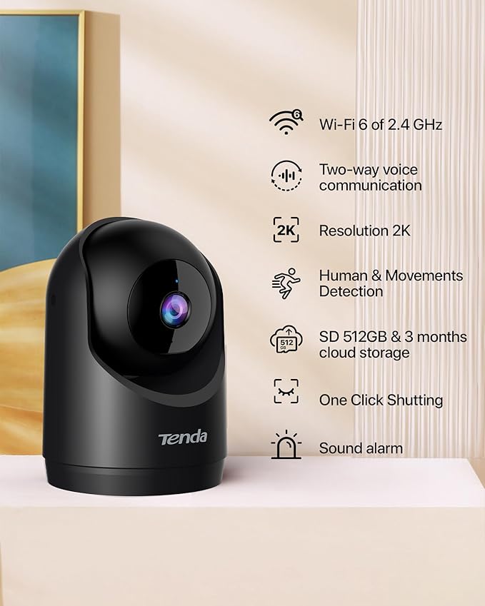 Tenda 2K Indoor Security Camera, WiFi6 Pet Camera for Home Security, 360°, 2-Way Audio, Motion Detection for Baby and Pet Monitor, Night Vision, Cloud & SD Card Storage, One-Touch Call (CP3 Black)