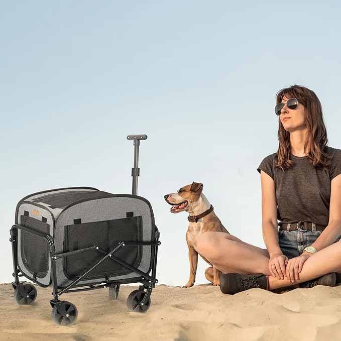 Lekereise Extra Large Pet Carrier with Wheels – Soft-Sided Foldable Rolling Cat Carrier for Puppy and Small Medium Dogs Under 30lbs, Stable & Ventilated Travel Crate for Camping and Outdoor, Grey