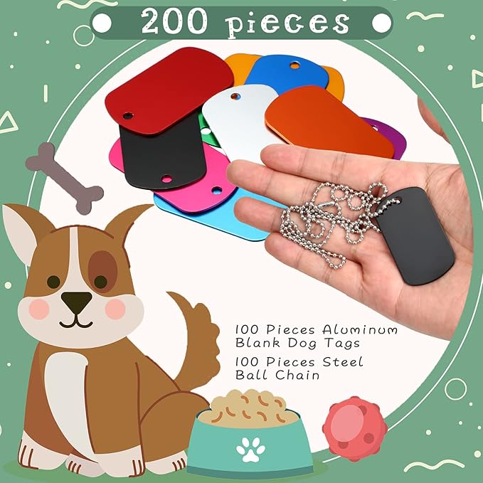 Yinkin 200 Pcs Personalized Military Dog Tags Set Including 100 Pcs Aluminum Blank Dog Tags for Engraving 100 Ball Steel Chain Rectangle Metal Blank Stamping Label for DIY Craft(Multicolor)