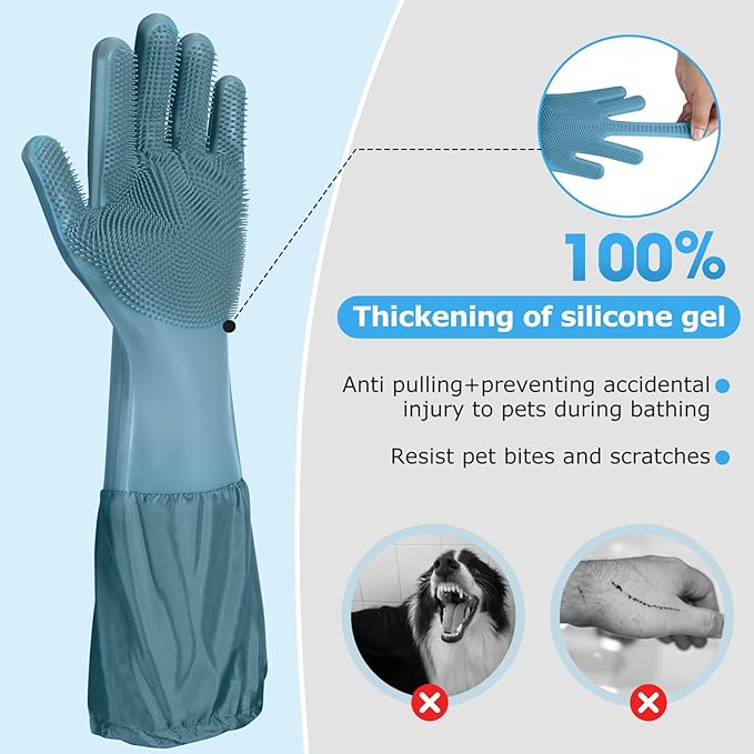 Dog Washing Gloves | Pet Grooming Gloves | Extra Long Arms (17.3") for Cats & Dogs | Massage & Hair Removal Pet Glove (Hazy Blue)