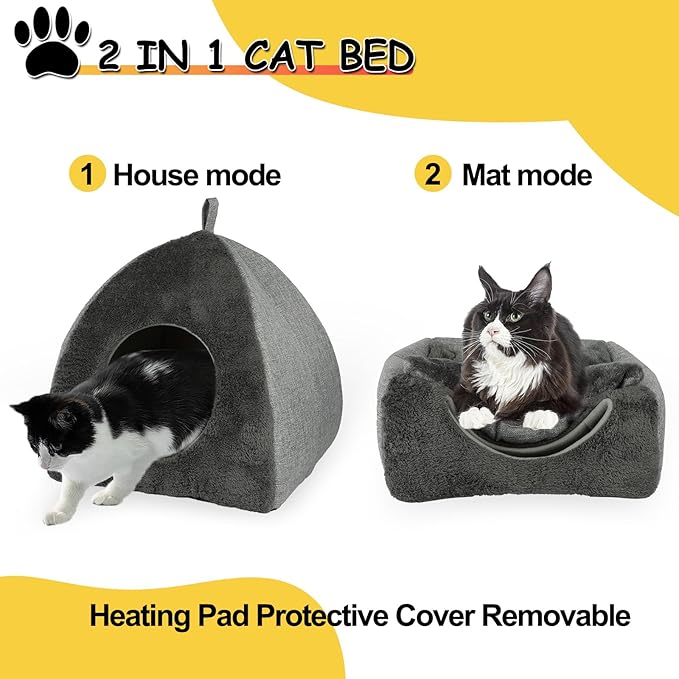 Heated Cat Bed Cave, Adjustable Temperature Heated Pet Bed Indoor with Timer, Cat Cave Bed Cat House with Washable Cushioned Pillow and Chew Resistant Cord Update for Indoor