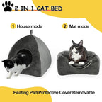 Heated Cat Bed Cave, Adjustable Temperature Heated Pet Bed Indoor with Timer, Cat Cave Bed Cat House with Washable Cushioned Pillow and Chew Resistant Cord Update for Indoor