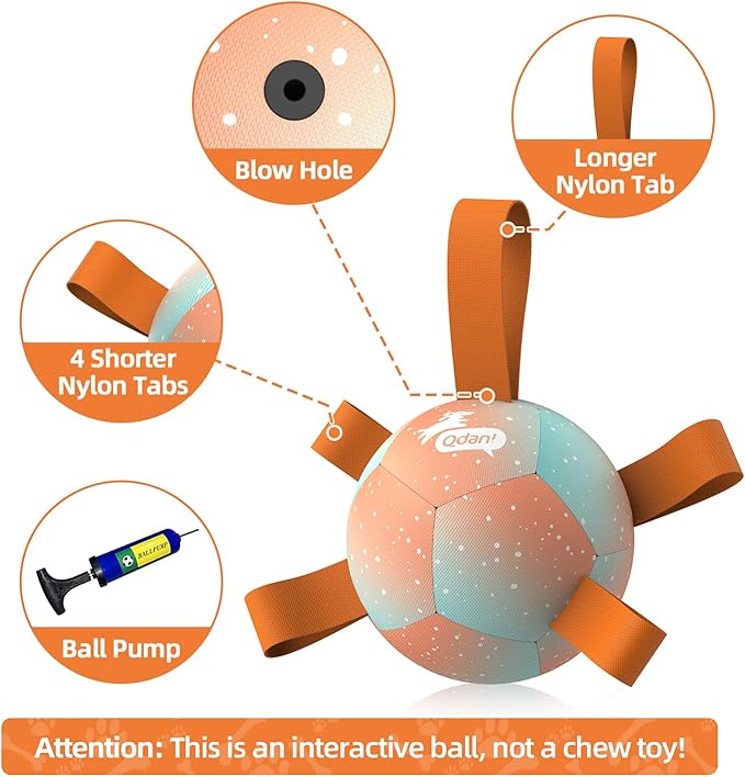 QDAN Small Dog Balls: Dog Soccer Ball with Straps- Premium Dog Toys Balls- Puppy Outdoor Dog Toys Pet Training Ball Birthday Gifts for Small Dogs- Rainbow Orange (5 Inch)