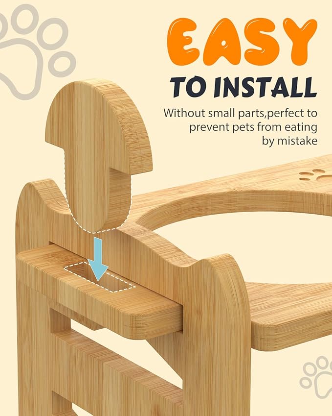 Elevated Dog Bowls, Adjustable Raised Dog Bowl Stand for Small Size Dogs and Cats, 15°Tilted Elevated Cat Bowls, Durable Bamboo Dogs Feeder with 2 Stainless Steel Bowls and Non-Slip Feet