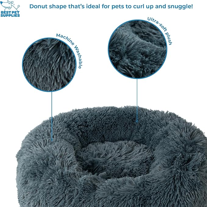 Best Pet Supplies Round Donut Dog Bed with Plush Faux Fur Fabric, Calming, Anti-Anxiety Cushion for Indoor Pets, Slip-Resistant Base, Soft Ergonomic Support - Gray, 30x30x8''
