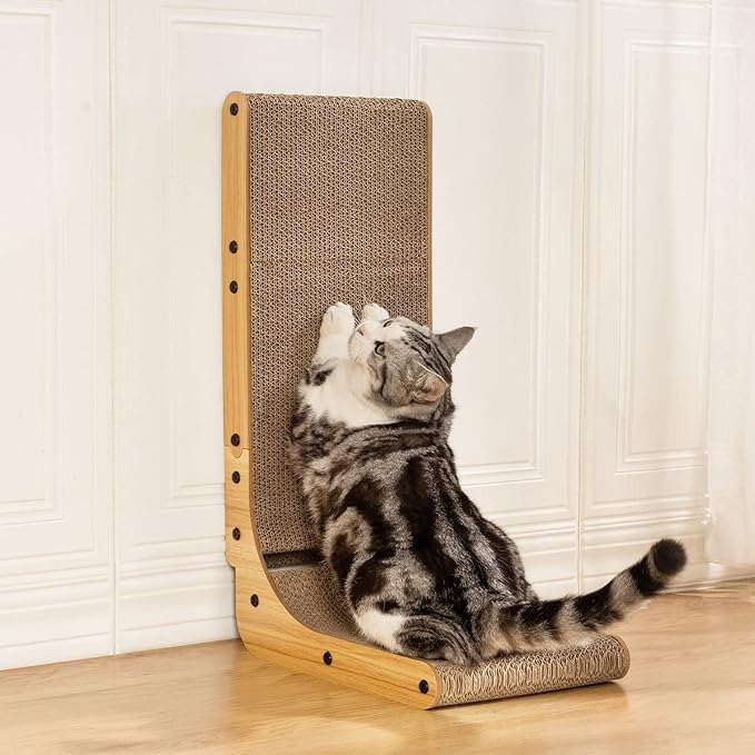 Poils bebe L Shape Cat Scratcher, 26.8 Inch Cat Scratchers for Indoor Cats, Protecting Furniture Cat Scratch Pad, Cardboard Cat Scratching with Ball Toy, Catnip, Large