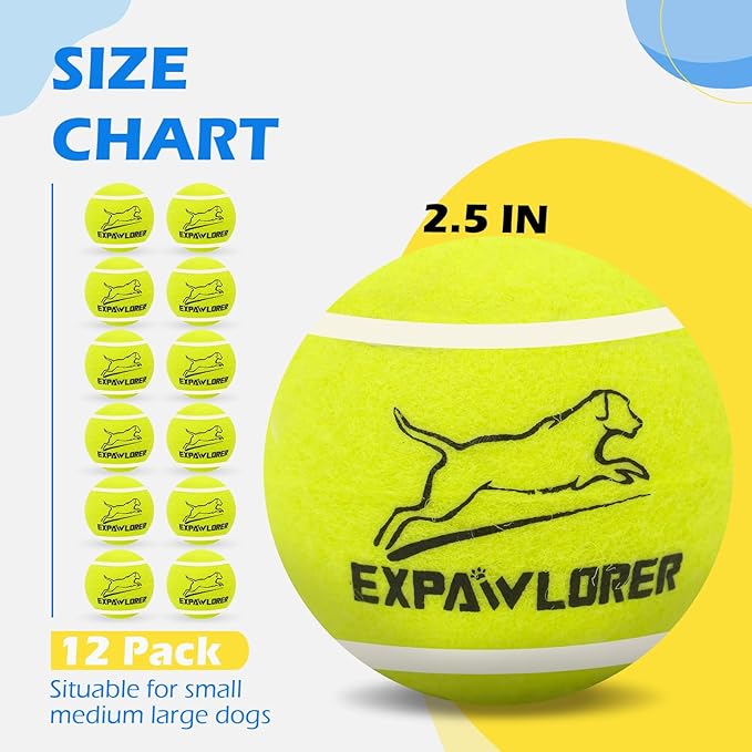 EXPAWLORER Tennis Toys for Dogs, 2.5 Inch Dog Toy Tennis Balls with Squeaker, 12 Pack Interactive Squeaky Dog Balls for Aggressive chewers,Perfect Pet Toy for Small, Medium + Large Dogs