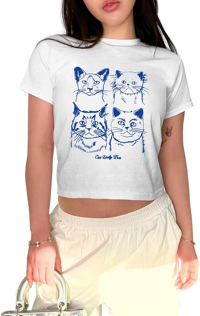 Y2k Baby Tees for Women Cute Cat Lady Era Graphic Grunge Crop Tops Vintage T Shirts Retro Aesthetic Tee Top