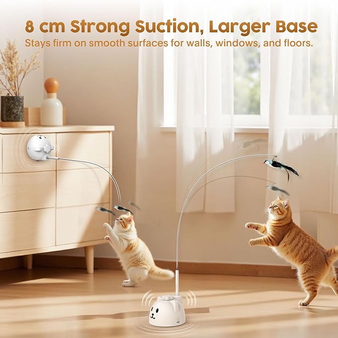 Interactive Cat Toys for Indoor Cats: Upgraded 360° Automatic Spin Flying Bird Feather Wand with Silicone Protected Rod Safe Play, Strong 8cm Suction Cup, USB-Rechargeable for Bored Kittens and Adult
