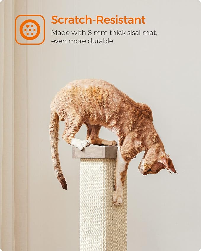 Feandrea Cat Scratching Post, Cat Scratcher for Indoor Cats, 28.7 Inches Tall, Furniture Scratching Deterrent Sisal Scratch Pole with Toy, Greige UPCA021G01