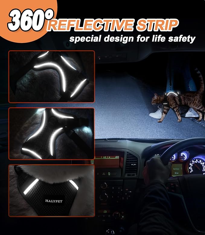 Halypet Cat Harness and Leash Set [ MAX Safety Third Generation ] Escape Proof Soft Adjustable Cat Leash Breathable Comfortable Vest Easy to Wear Kitten Harness for Outdoor Walking Black
