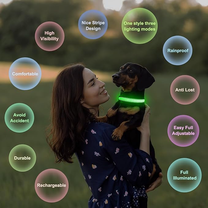 Multi-Color Light up Dog Collar, YFbrite USB Rechargeable LED Puppy Collar Super Bright Adjustable Glowing Dog Lights for Night Walking (Multi-Color, Large)