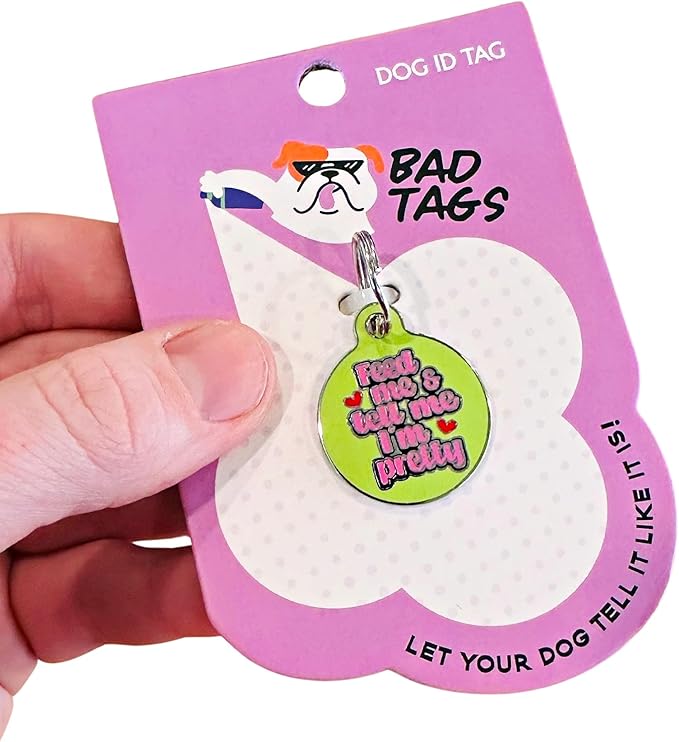Personalized QR Code Dog Tags - Choose from 25+ Tag Designs - QR Code Links to Your Profile - Unique, Cute, Funny, Sassy Pet ID Tag (Feed Me & Tell Me I'm Pretty, Large (1.25 inch))