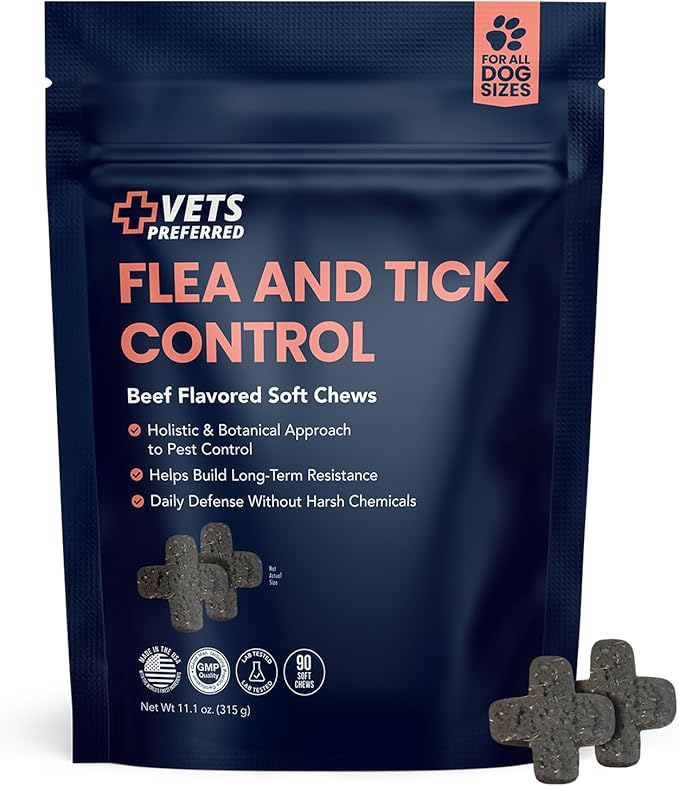 Vets Preferred Flea and Tick Prevention for Dogs Chewable - Daily Defense Without Harsh Chemicals - Immune Support & Antioxidant Protection - Beef Flavored - 90 Soft Chews