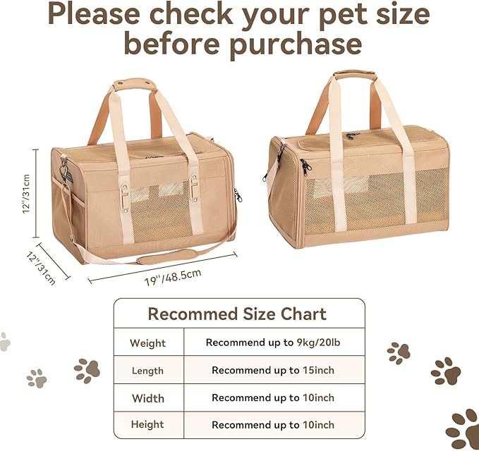 Petsfit 19x12x12 Pet Carrier for Large Cats (up to 20 lbs), Soft-Sided Small Dog Travel Carrier, Upgraded with Patented Buckle and Soft Padding, Ideal for Car Road Trips,Khaki