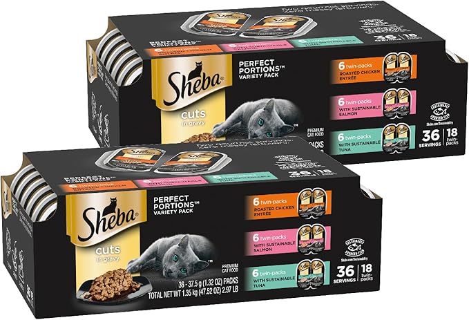 Sheba Perfect Portions Wet Cat Food Cuts in Gravy, Roasted Chicken Entree, with Sustainable Salmon, and with Sustainable Tuna, 2.6 oz. Twin-Pack Trays (18 Count, 36 Servings) (Pack of 2)