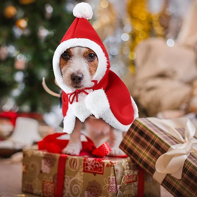 2 Pcs Pet Christmas Costume, Dogs Cats Cape with Hat Santa Claus Cloak and Xmas Tree Cloak with Star and Pompoms, for Dogs Cats Pet Puppy Santa Gifts Christmas Outfit(Small)