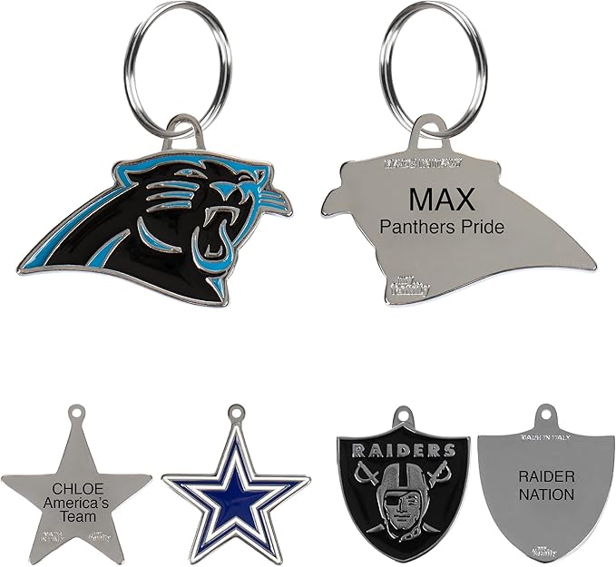 NFL Carolina Panthers Engraving Pet ID Tags in 32 Team Logo Shapes Personalized Dog Tags and Cat Tags with 3 Lines of Customizable Text for Tracking & Safety. Stainless Steel Pet ID Tracking Tags