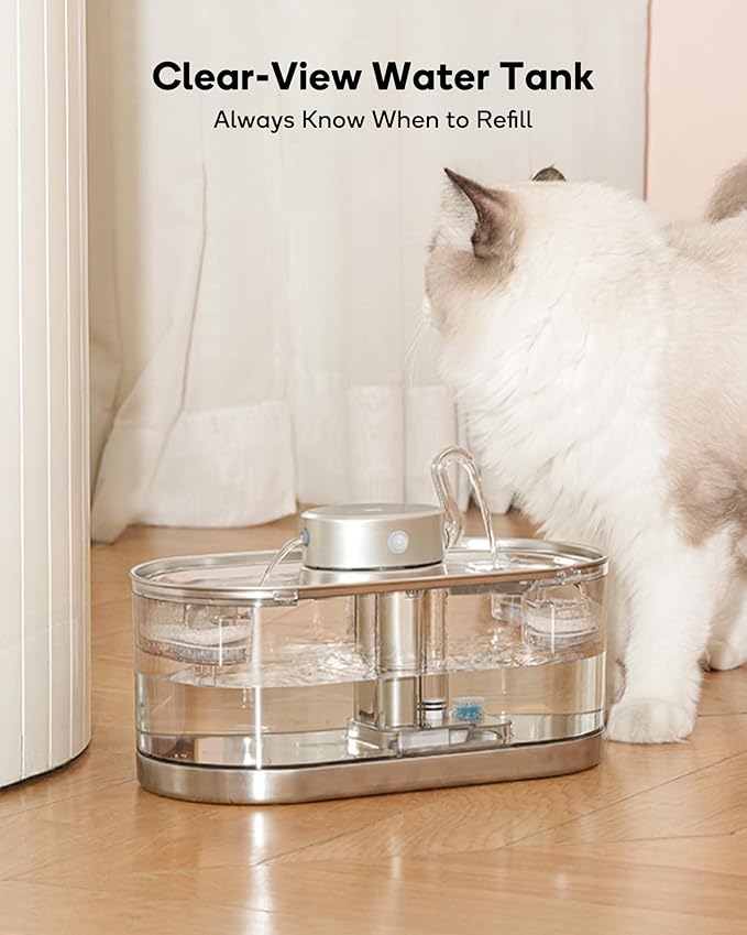 Cat Water Fountain Cordless, 108oz/3.2L Cengcen Wireless Pet Water Fountains Battery Operated 5000mAh, Chew-Proof Charging Cable with Adapter, Stainless Steel Transparent, Premium Edition