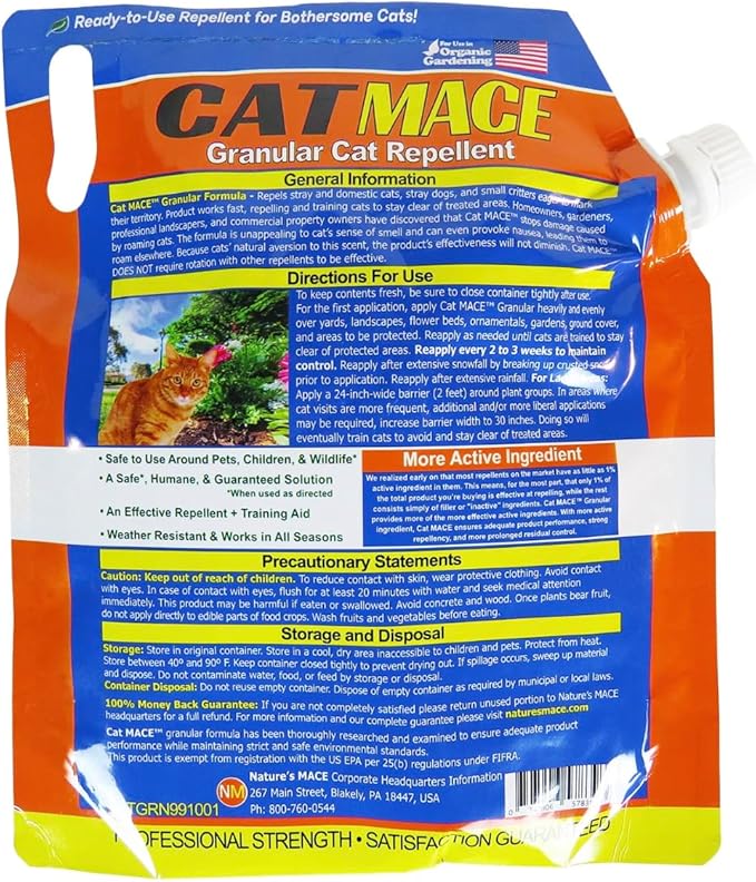 Nature's Mace, Cat Mace, 2.5lb Granular, Cat Repellent Outdoor to Keep Cats Away, Keep Cats Out of Yard Permanently, with Consistent Use, for Garden, Plants, No-Dig, Stray Deterrent