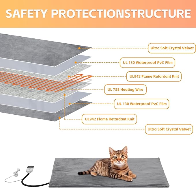 Cat heating Pad, 9 adjustable temperature, Pet heating pad, timer, removable washable waterproof heating cat bed, chewable cord, electric heating pad for cat (Grey, 25.0"L x 20.0"W x 0.6"TH)