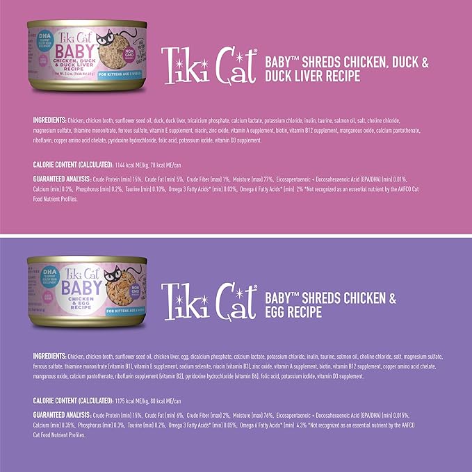 Tiki Cat Baby, Shreds Variety Pack, High-Protein and Flavorful, Wet Cat Food for Kittens 8 Weeks Plus, 2.4 oz. Cans (Pack of 12)