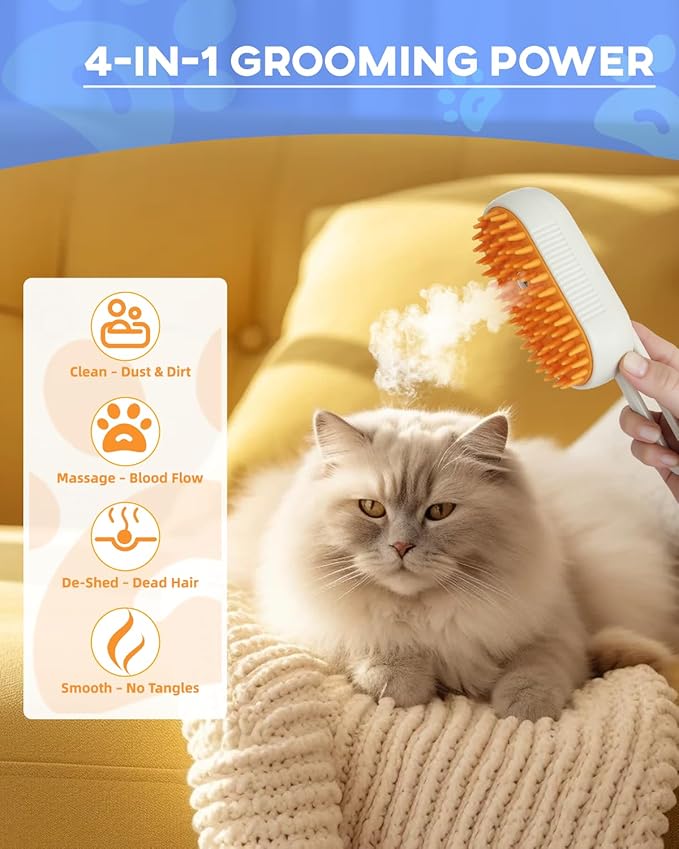 Luxelle Cat Steam Brush for Shedding – 4 in 1 Orange Pet Grooming Brush with Spray, Hair Removal, Massage & Cleaning – Anti-Static Defur Comb for Long & Short Haired Cats and Dogs