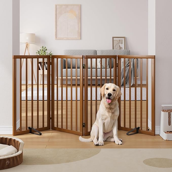 32" H Extra Tall Freestanding Dog Gates Indoor, 4-Panel Bamboo Wood Door Gates for Pets with 2 Metal Stands and 360°Hinge, Folding Pet Barrier for Stairs, Doorways, Kitchen 74" W x 32" H - Walnut