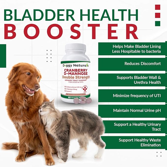 Cranberry D-Mannose for Dogs and Cats Urinary Tract Infection Support Prevents and Eliminates UTI, Bladder Infection Kidney Support, Antioxidant (Double Strength Tablet, 150 Count)