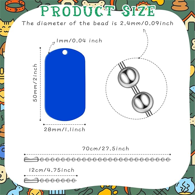 Yinkin 200 Pcs Personalized Military Dog Tags Set Including 100 Pcs Aluminum Blank Dog Tags for Engraving 100 Ball Steel Chain Rectangle Metal Blank Stamping Label for DIY Craft(Blue)