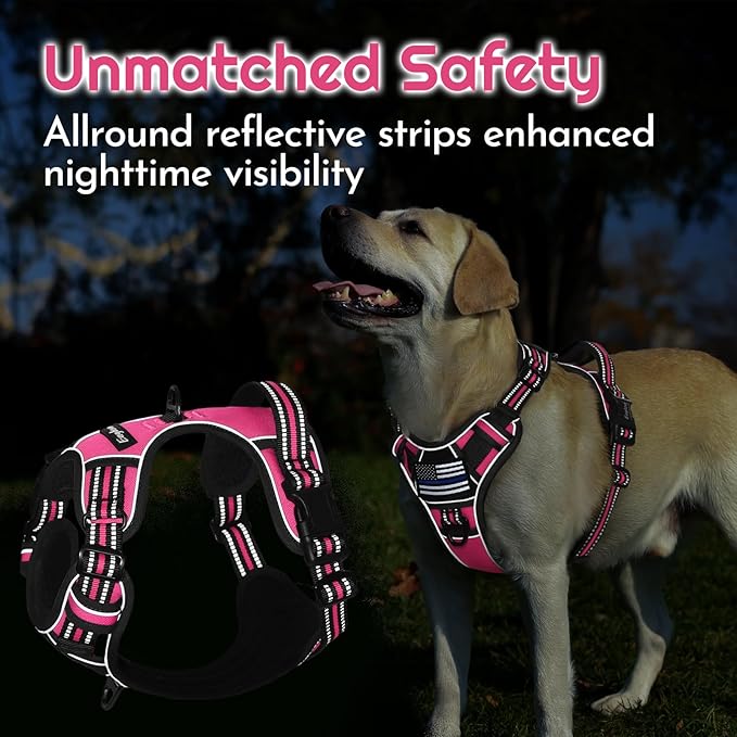Eagloo Dog Harness for Large Dogs, Easy Wearing with 3 Buckles, Adjustable No Pull Pet Harness with 2 Rings for Walking, No Chock Reflective Soft Padded Vest with Control Handle, Pink & Black, XL