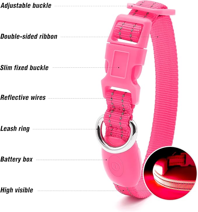 Visinite Light Up Dog Collars for Small Dogs,LED Dog Collar Light Rechargeable,Fully Adjustable Lighted Dog Collar,Glow in The Dark Dog Collars with Dog Lights for Night Walking,Pink