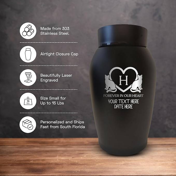 Personalized Custom Small Keepsake Urn Engraved with Pet Name, Date and Cat Design - 5.2" Black Powder Coated Steel Cremation Urn for Cat Ashes | 12-16 lb Capacity, Typography + Heart Border
