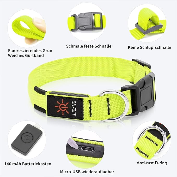 Led Dog Collar - Adjustable, Rechargeable, Waterproof, Glows in Dark for Medium Large Dogs