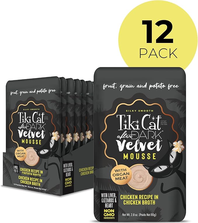 Tiki Cat After Dark, Velvet Mousse, Chicken Recipe in Chicken Broth, Grain & Potato Free Formula, with High Protein & Nutrient Dense Blended Irresistible Organ Meat, 2.8 oz. Pouch (12 Count)
