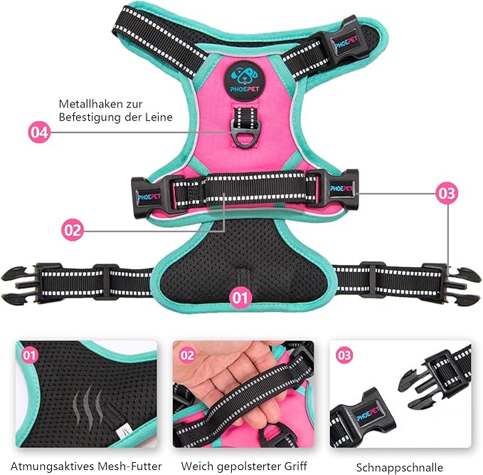 PHOEPET 2019 Upgraded No Pull Dog Harness, Reflective Adjustable Vest, with a Training Handle + 2 Metal Leash Hooks+ 3 Snap Buckles +4 Slide Buckles(XS, Pink)