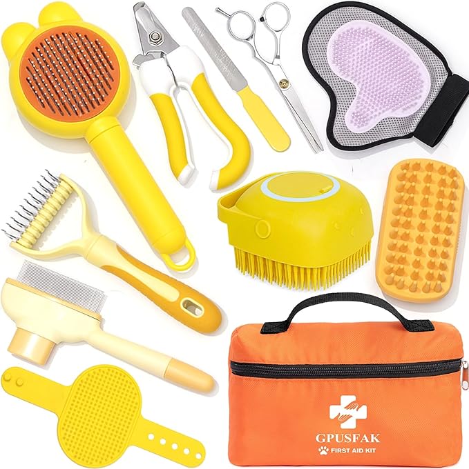 12 Piece Bath Grooming Kit for Pets - Dog Bath Brush Kit Slicker Hair Brush Set with Pet Nail Clipper and File Comb for Shedding Bathing