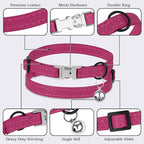 Leather Cat Collar with Buckle and Removable Bell - Non Breakaway Adjustable Soft Safety Small Pet Collars for Girl Boy Cats Kitten (Pink)