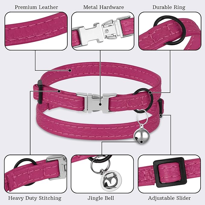 Leather Cat Collar with Buckle and Removable Bell - Non Breakaway Adjustable Soft Safety Small Pet Collars for Girl Boy Cats Kitten (Pink)