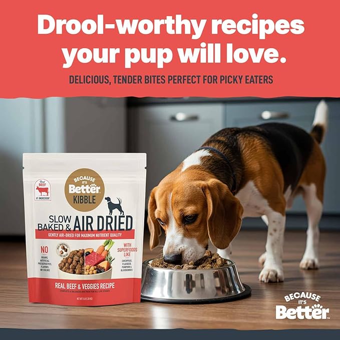 Because it's Better Slow Baked and Air Dried Dog Food, Real Beef and Veggies, 3lb Bag, Complete and Balanced Dry Dog Food, for All Life Stages